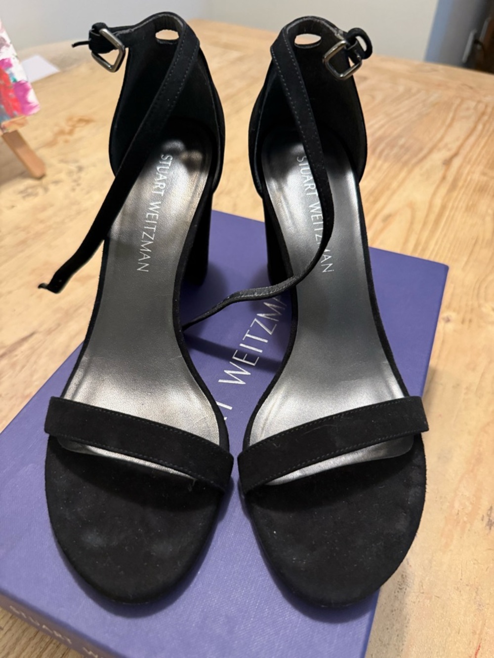 Stuart Weitzman Black Suede Ankle-Strap Block-Heel Sandals